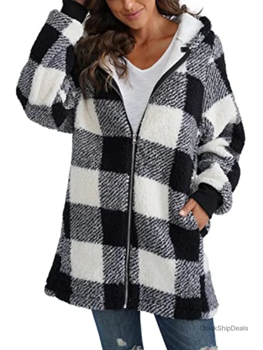 Women's Fleece Zip Up Jacket Oversized Hooded Sherpa Teddy Coat Fuzzy Warm